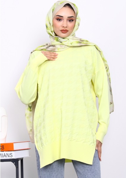 Sarı Kazayağı Desenli Soğuk İplik Triko Tunik