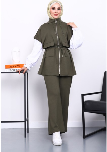 Haki Fermuarlı Yelek Pantolonlu Modal Takım