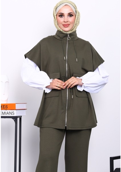 Haki Fermuarlı Yelek Pantolonlu Modal Takım modelleri