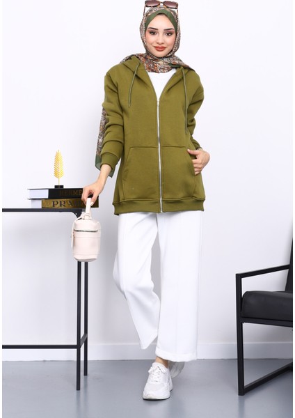 Yağ Yeşili Cepli Fermuarlı Üç İplik Şardonlu Hırka fiyatları