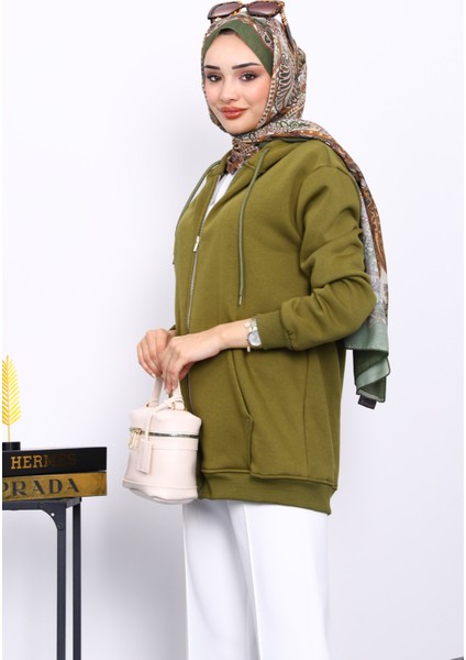 Yağ Yeşili Cepli Fermuarlı Üç İplik Şardonlu Hırka modelleri