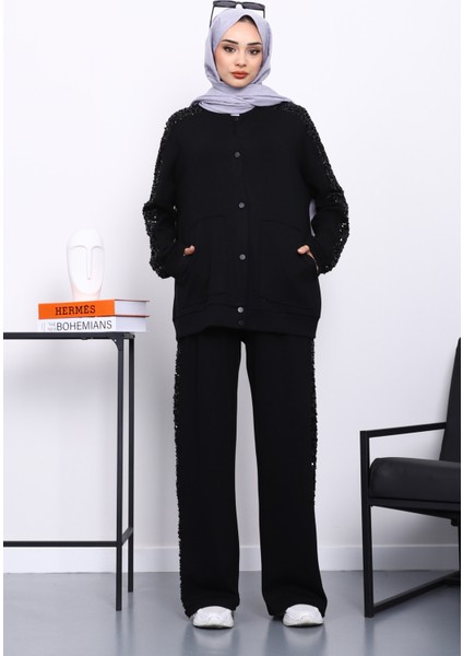 Siyah Pul Payetli Tunik Pantolonlu Takım