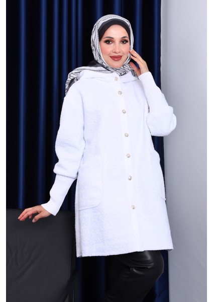 Ekru Kapşonlu Buklet Kaban