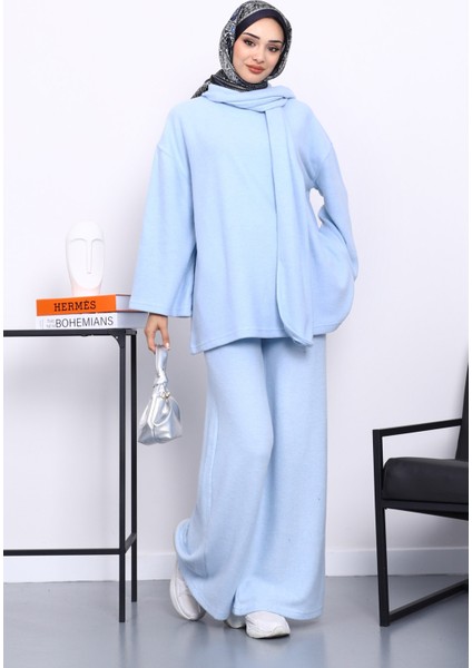 Bebe Mavi Atkılı Tunik Pantolonlu Fitilli Takım