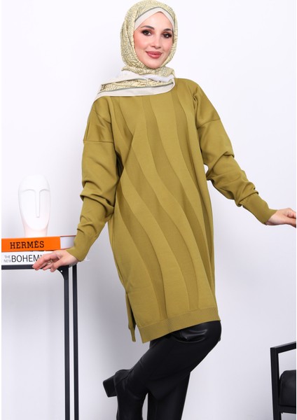 Yağ Yeşili Soğuk İplik Merserize Triko Tunik