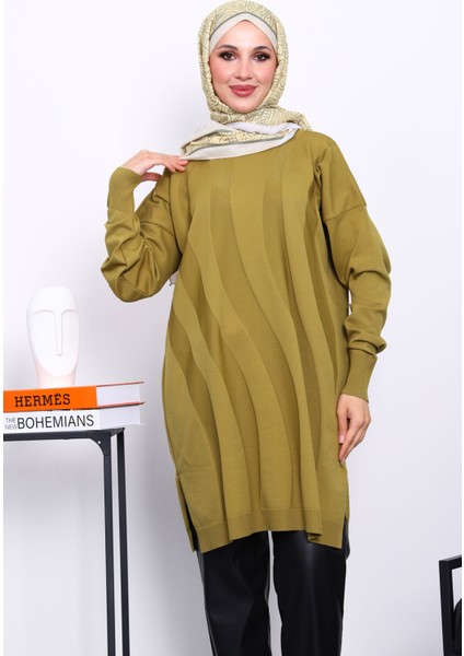 Yağ Yeşili Soğuk İplik Merserize Triko Tunik modelleri