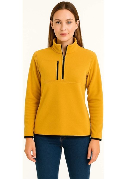 Polar Kazak - Dik Yaka, Yarım Fermuarlı, Fermuarlı Göğüs Cepli, Siyah Biyeli, Kışlık Rahat Regular Fit Günlük Model - Sarı fırsatları