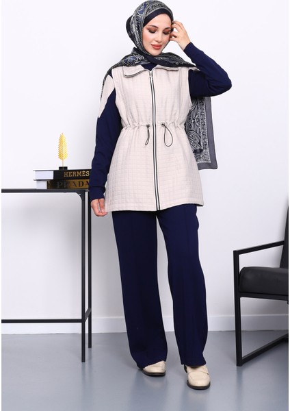 Lacivert Kapitone Yelekli Tunik Pantolonlu 3 Lü Takım