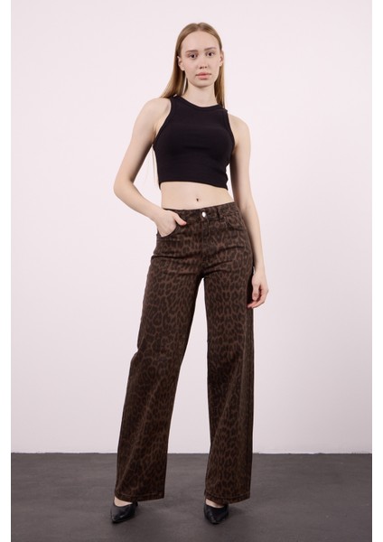 Elena 145 Yüksel Bel Leo Kahve Geniş Paça Pantolon Kadın