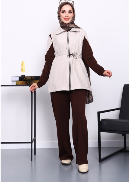 Kahverengi Kapitone Yelekli Tunik Pantolonlu Takım