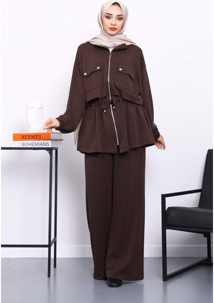 Kahverengi Fermuarlı Tunik Pantolonlu Modal Takım