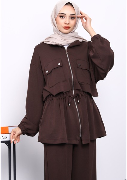 Kahverengi Fermuarlı Tunik Pantolonlu Modal Takım modelleri