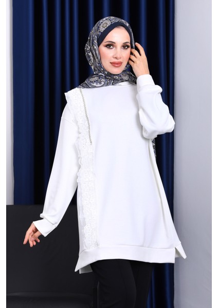 Ekru Dik Yaka Tül İşlemeli Tunik