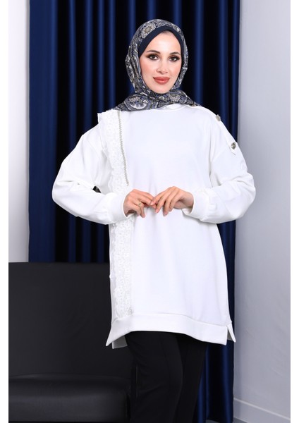 Ekru Dik Yaka Tül İşlemeli Tunik fiyatları