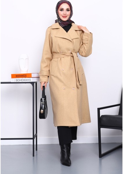 Vizon Kruvaze Yaka Kuşaklı Kaşe Kaban