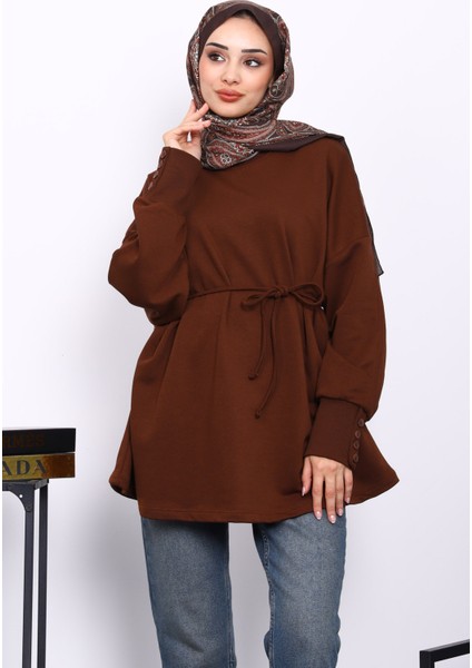 Kahverengi Düğme Detaylı Oversize Sweatshirt