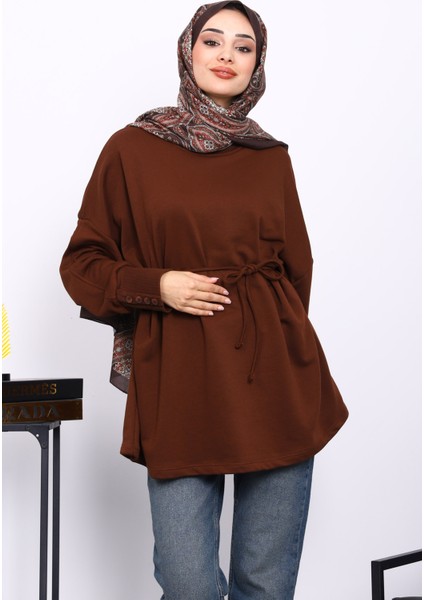 Kahverengi Düğme Detaylı Oversize Sweatshirt modelleri