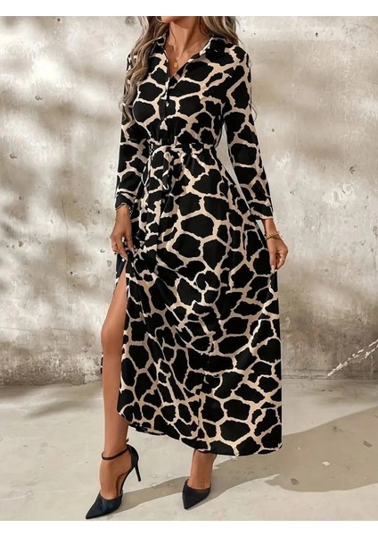 Kadın Uzun Kollu Yakalı Önü Düğmeli Desenli Belden Kuşaklı Uzun Süprem Elbise