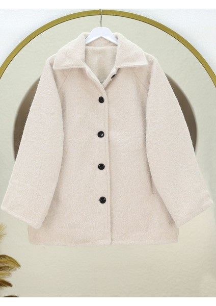 Alpaco Çift Cepli Önü Düğmeli Astarlı Buklet Kaban -Ekru -Collectıon