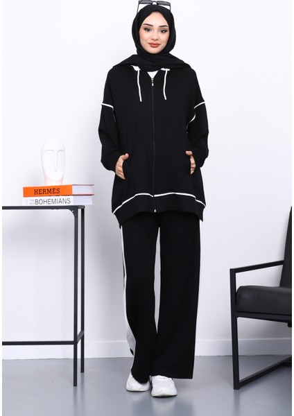 Siyah Kapşonlu Garnili Modal Takım