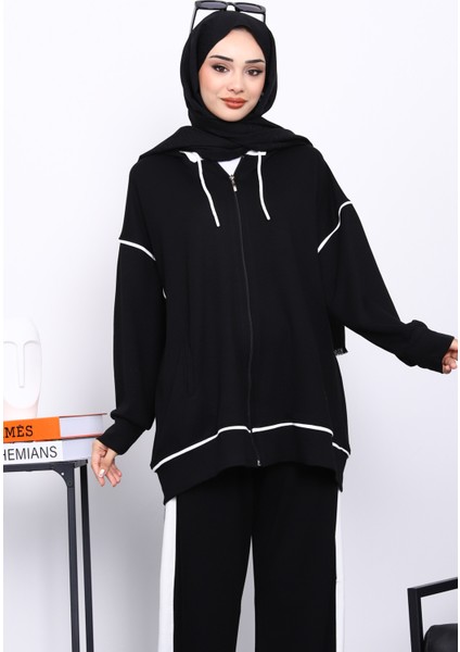 Siyah Kapşonlu Garnili Modal Takım modelleri