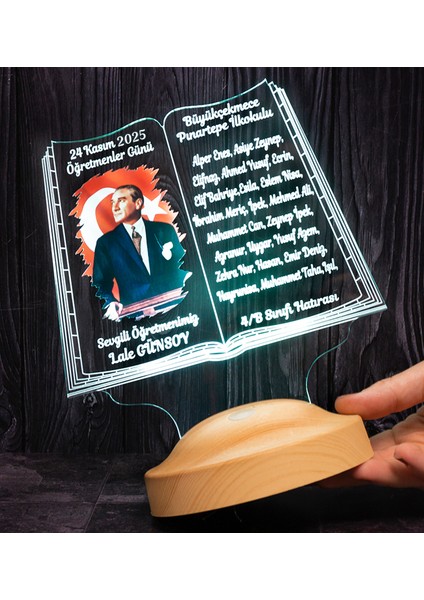 Öğretmene Hediye Renkli Atatürk Resim Baskılı, Öğrenci Isimleri Yazılı 24 Kasım Hatırası Gece Lambası