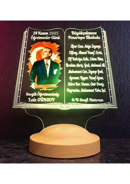 Öğretmene Hediye Renkli Atatürk Resim Baskılı, Öğrenci Isimleri Yazılı 24 Kasım Hatırası Gece Lambası modelleri