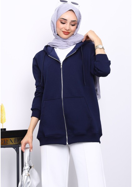 Lacivert Cepli Fermuarlı Üç İplik Şardonlu Hırka