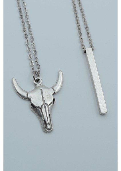 2'li Buffalo Boğa Çubuk Bar Gümüş Kaplama Kolye Seti