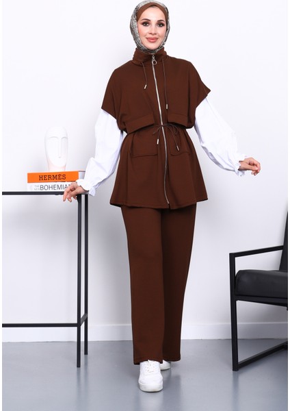 Kahverengi Fermuarlı Yelek Pantolonlu Modal Takım