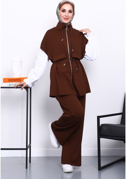 Kahverengi Fermuarlı Yelek Pantolonlu Modal Takım fiyatları