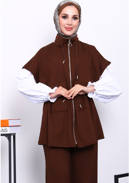 Kahverengi Fermuarlı Yelek Pantolonlu Modal Takım fırsatları