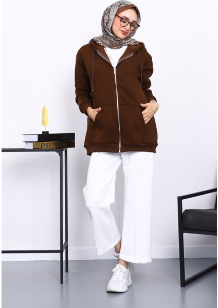 Kahverengi Cepli Fermuarlı Üç İplik Şardonlu Hırka fiyatları