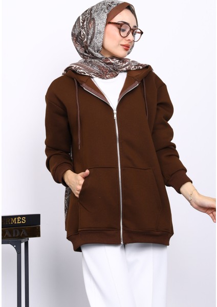 Kahverengi Cepli Fermuarlı Üç İplik Şardonlu Hırka modelleri