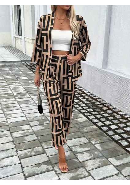 Kadın Uzun Kollu Önü Açık Desenli Iki Iplik Ceket ve Pantolon Ikili Takım