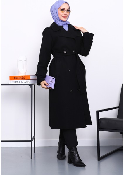 Siyah Kruvaze Yaka Kuşaklı Kaşe Kaban