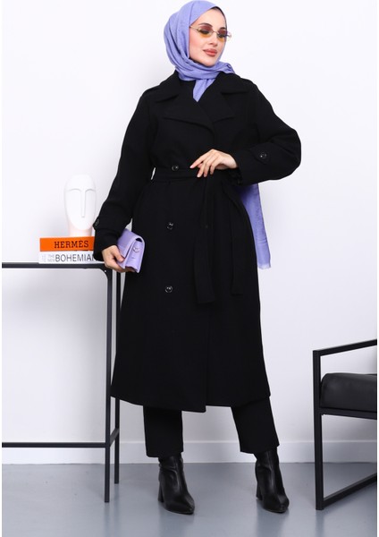 Siyah Kruvaze Yaka Kuşaklı Kaşe Kaban fiyatları