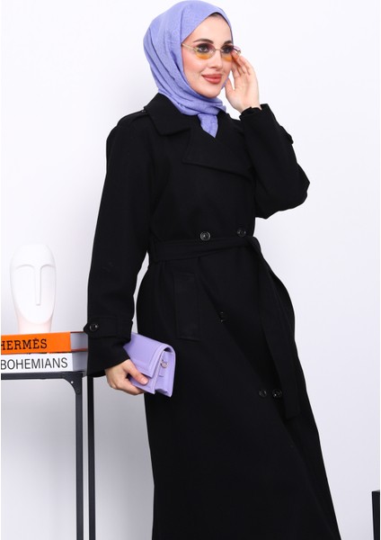 Siyah Kruvaze Yaka Kuşaklı Kaşe Kaban modelleri