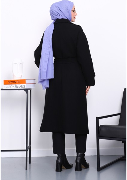 Siyah Kruvaze Yaka Kuşaklı Kaşe Kaban fırsatları