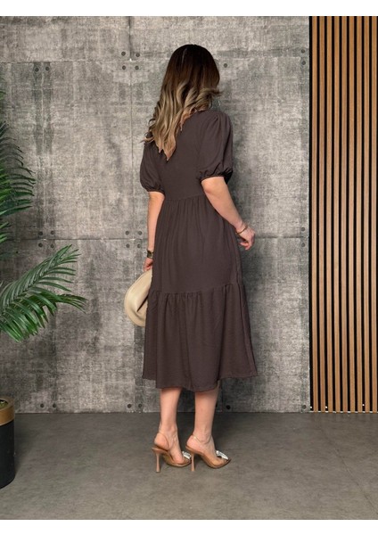 Kadın Kısa Kollu Yakası Açık Katlı Bürümcük Balon Elbise fırsatları