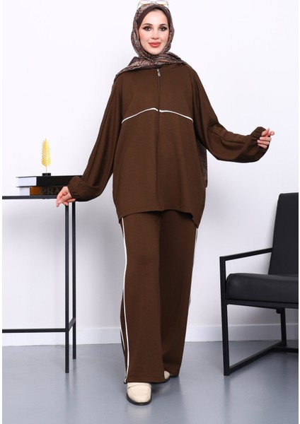 Kahverengi Fermuarlı Sweat Pantolonlu Modal Takım