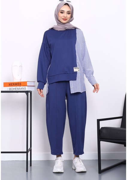 Lacivert Garnili Tunik Pantolonlu Çizgili Takım