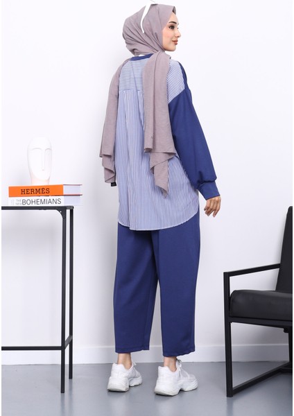 Lacivert Garnili Tunik Pantolonlu Çizgili Takım modelleri