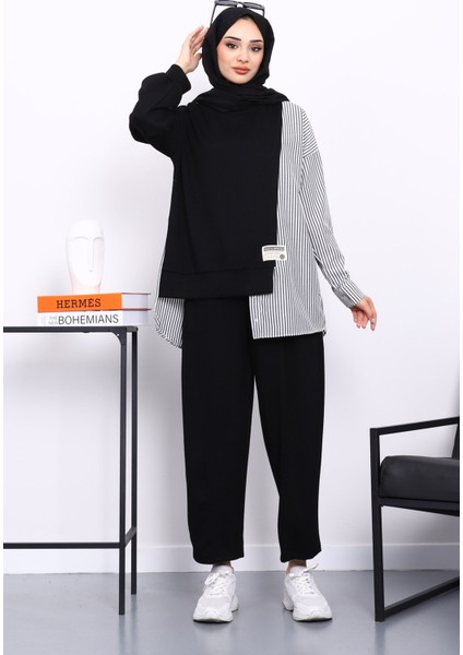 Siyah Garnili Tunik Pantolonlu Çizgili Takım