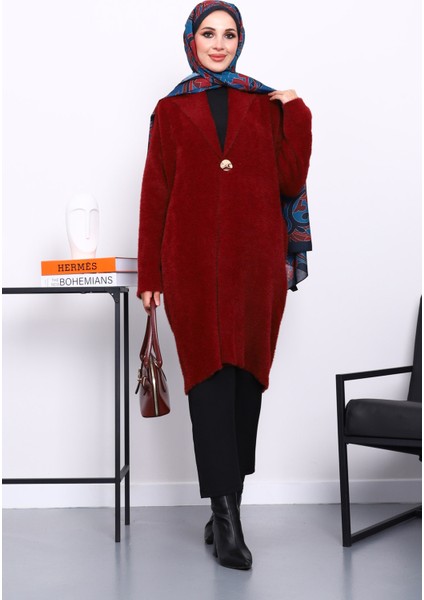 Bordo Tek Düğmeli Angora Yumoş Triko Hırka