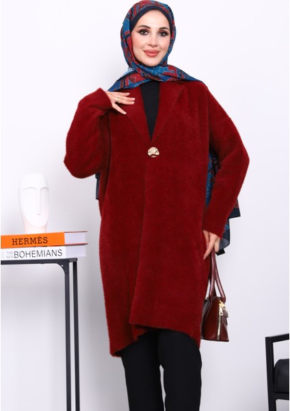 Bordo Tek Düğmeli Angora Yumoş Triko Hırka modelleri