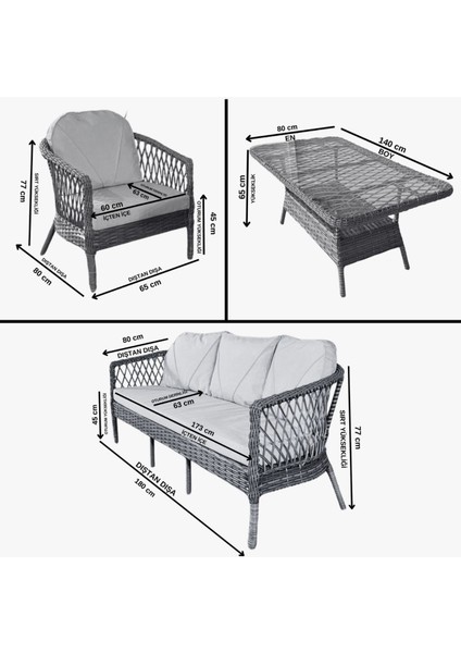 Miami 5 Kisilik(3-1-1-Masa) Rattan Örgü Bahçe & Balkon & Teras Oturma Grubu Minderli & Camli & Masali Takimi Docin GINSTENE0S C5C Tl fırsatları