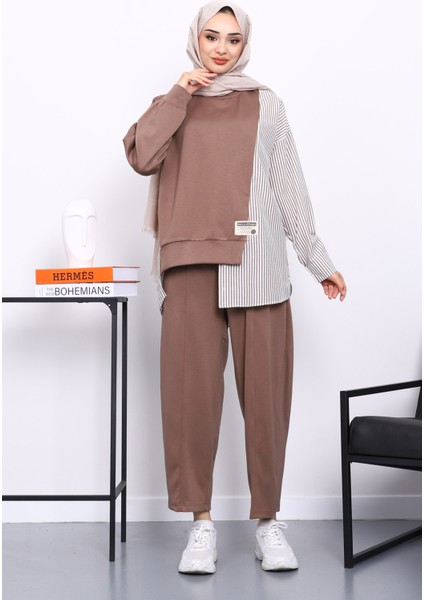 Vizon Garnili Tunik Pantolonlu Çizgili Takım