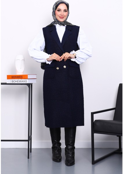 Lacivert Düğmeli Uzun Buklet Yelek