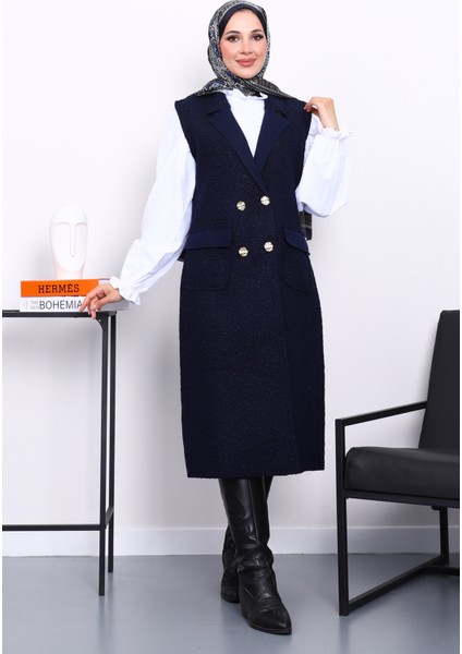 Lacivert Düğmeli Uzun Buklet Yelek fiyatları